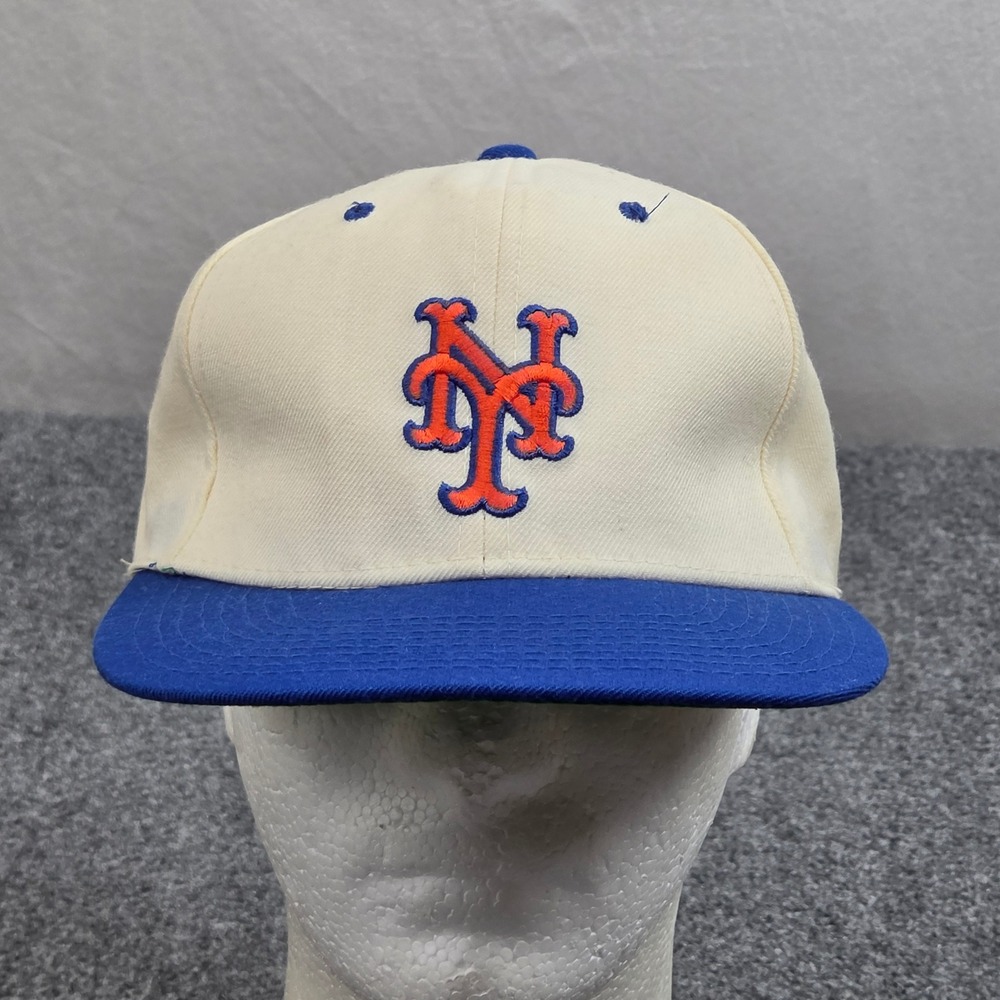 Vintage New York Mets Hat New Era Snapback Cream Blue MLB Baseball Cap 80s 90s